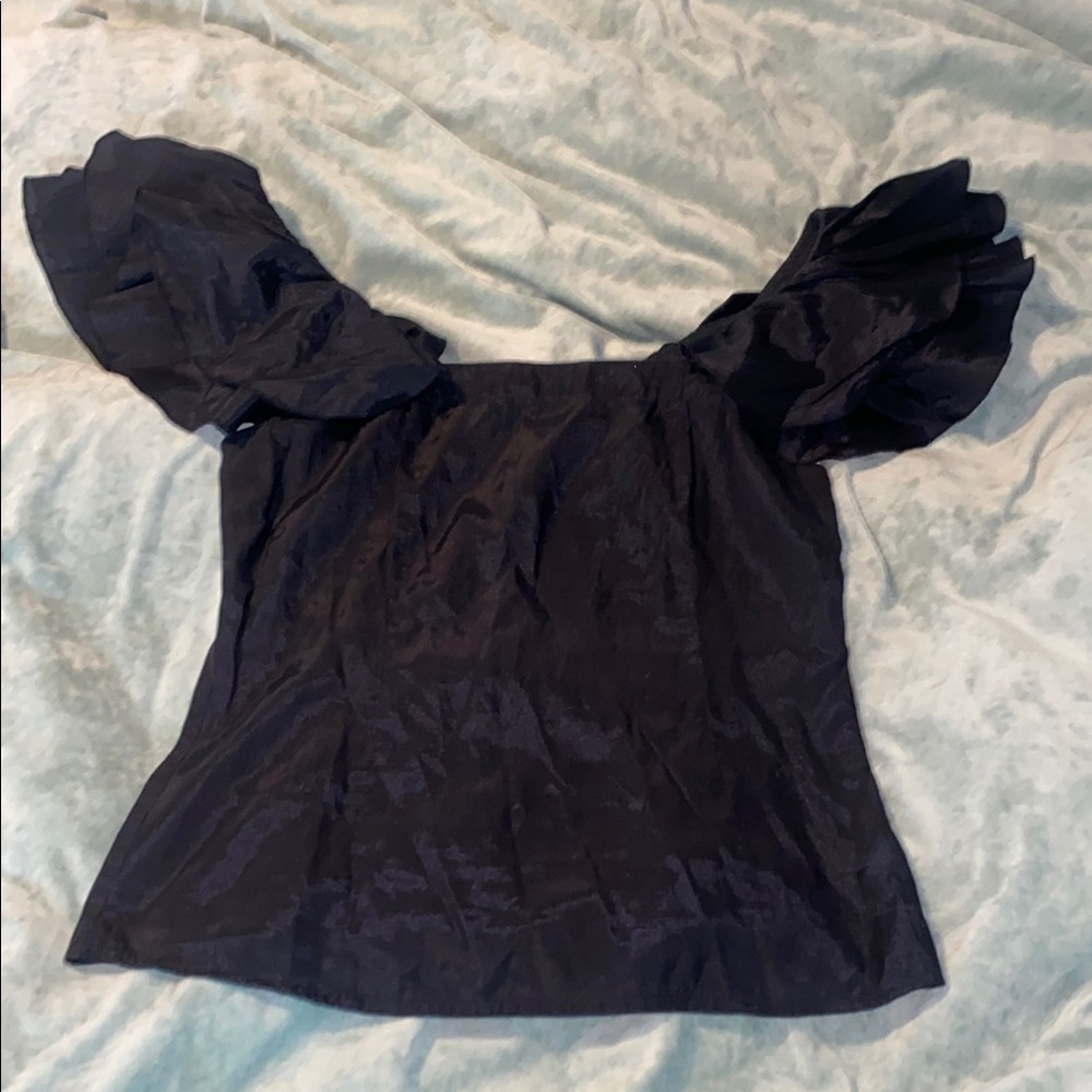 The Limited Navy Puff Sleeve Ruffled Blouse